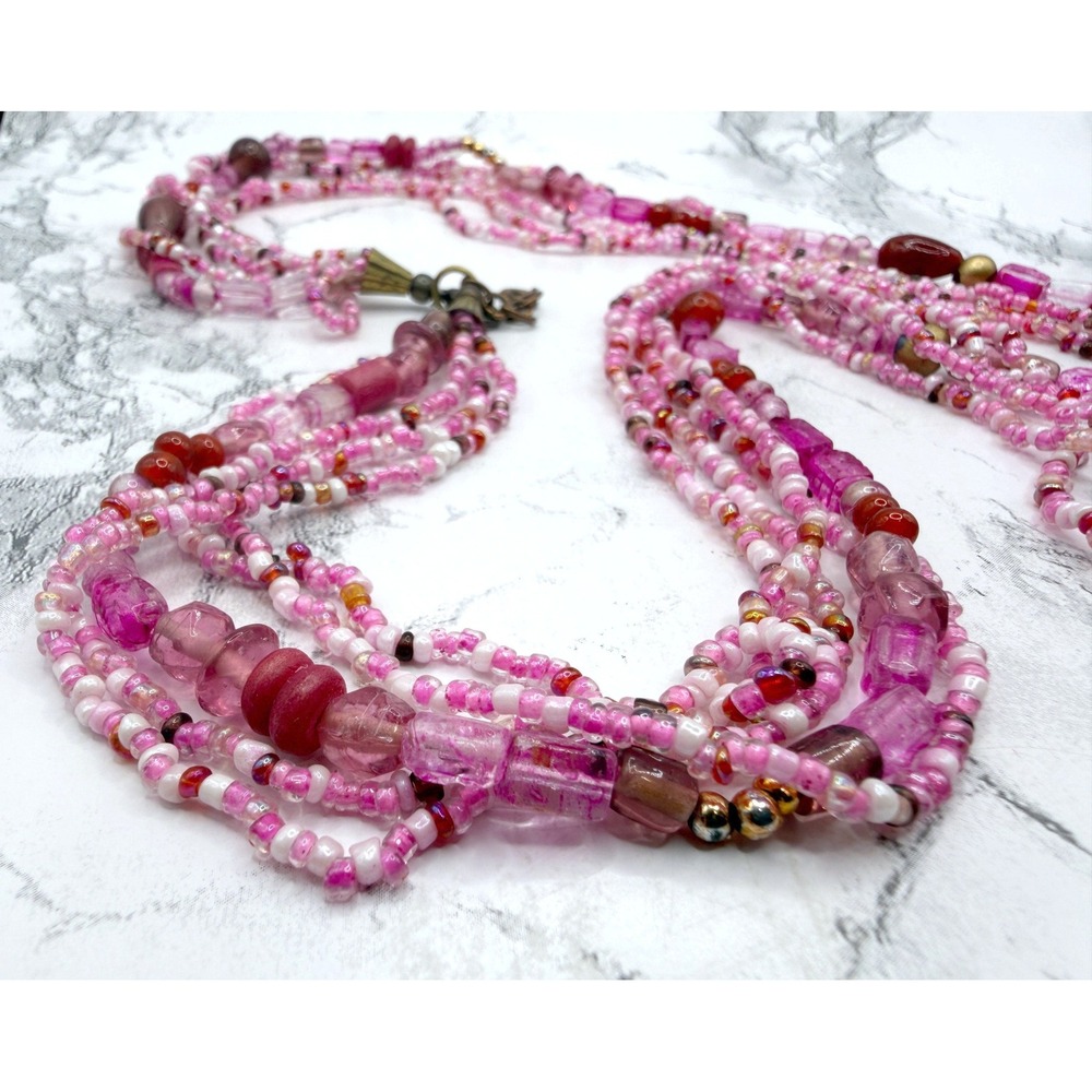 Pink 5 Strand Beaded Necklace Glass Beads Gold Bubblegum Barbiecore 30" - Picture 7 of 8